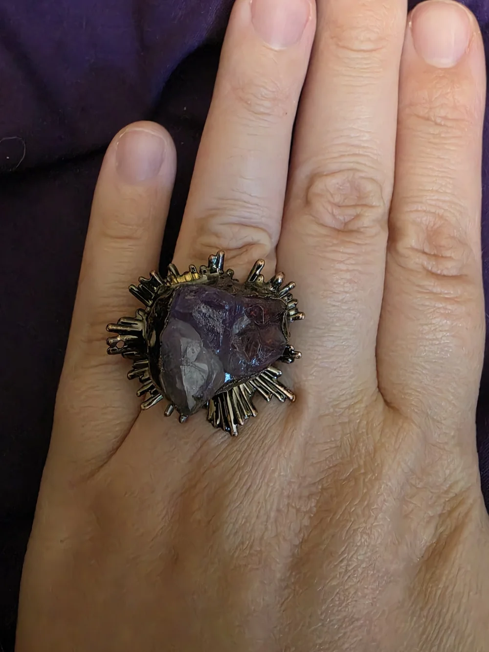Ajustable Purple Raw Amethyst Crystal Statement Ring